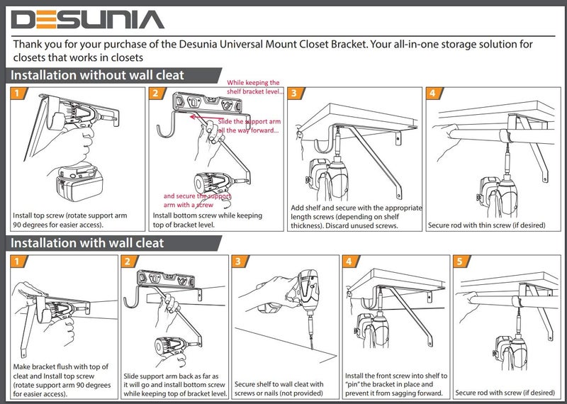 Desunia Closet Rod & Shelf Support Bracket | Compensates for Â¾â€ Shelf Cleat | Fits All Round Wardrobe Poles up to 1 Â½â€ | White | 2 Pack - Image 5
